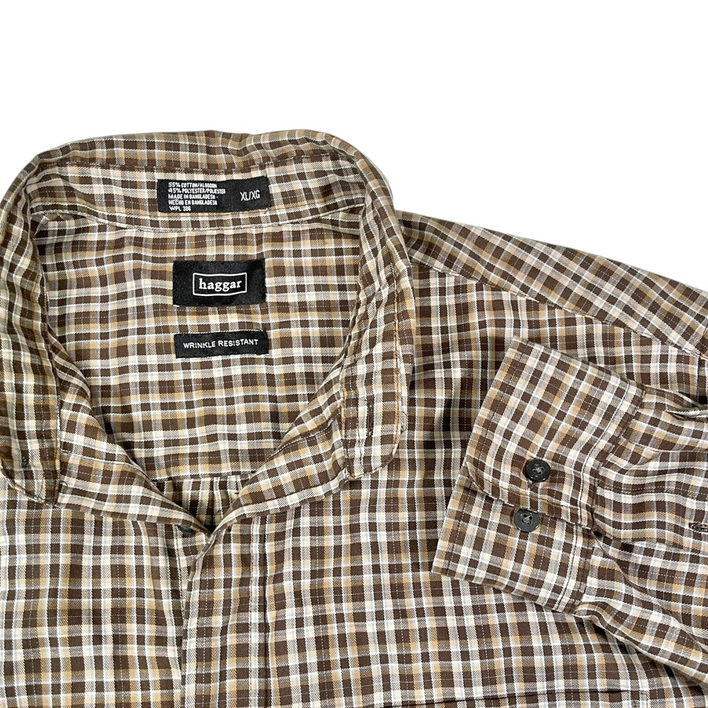 Haggar XL Brown Plaid Button Down Shirt Wrinkle Resistant Earthcore Academia